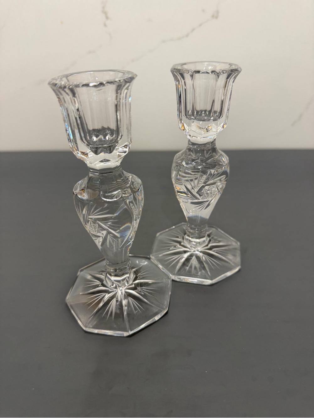 Clear Crystal Cut Glass Candlestick Pair